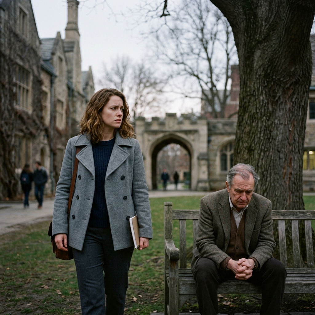 Young woman walking by a seated older man on a bench in a university courtyard