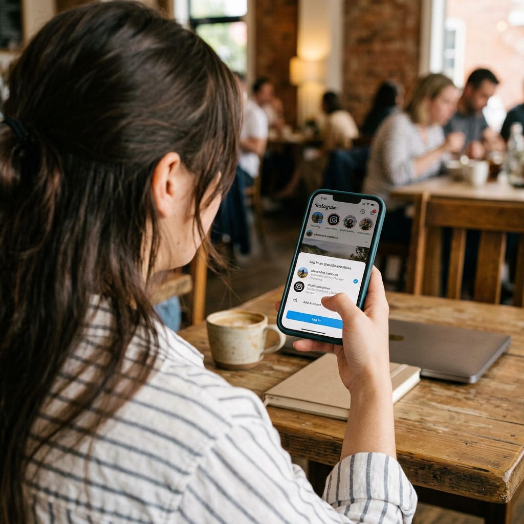Person holding a smartphone displaying Instagram login screen in a café
